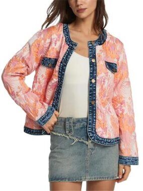 Women's Floral Denim Jacket Long Sleeve Cropped Jacquard Jean Jacket
